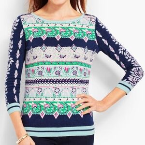 Talbots Petite Small Pull Over Silk & Cotton Patterned Sweater 3/4 Sleeve Size P